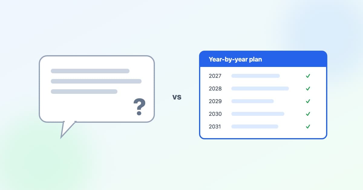 A chat bubble with a question mark beside an orderly year-by-year ledger with a checkmark