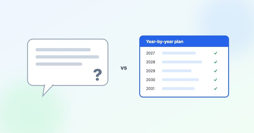 A chat bubble with a question mark beside an orderly year-by-year ledger with a checkmark