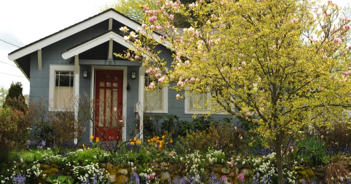 A small cottage with a red front door, surrounded by a blossoming magnolia tree and spring garden