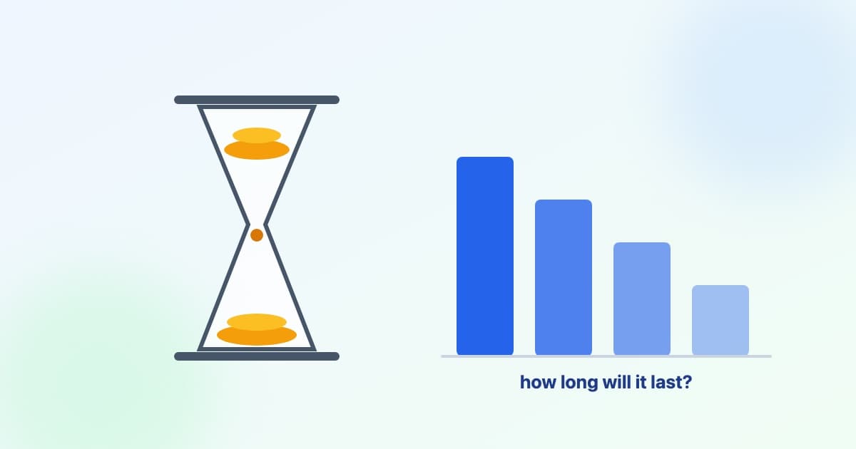 An hourglass with coins flowing through it beside a gently declining chart