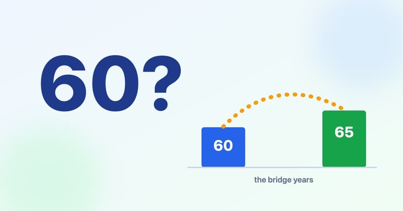 A large 60 with a bridge spanning a gap toward 65, in soft blue and green tones
