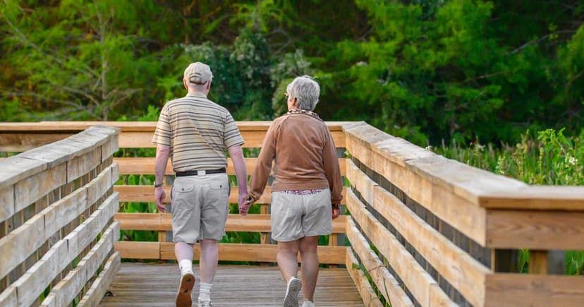An older couple holding hands as they walk together across a wooden boardwalk bridge surrounded by green trees